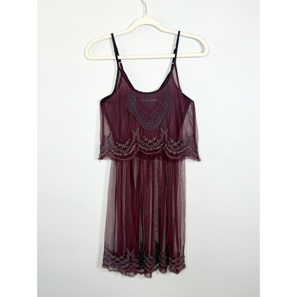 Kimchi Blue Mini Dress Sz S Plum Sheer Mesh Embroidered Tiered Fairy Coquette - Picture 1 of 7